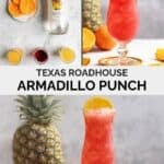 Copycat Texas Roadhouse armadillo punch ingredients and the cocktail in a hurricane glass.