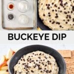 Buckeye dip ingredients and the dip in a bowl served with apple slices and graham crackers.