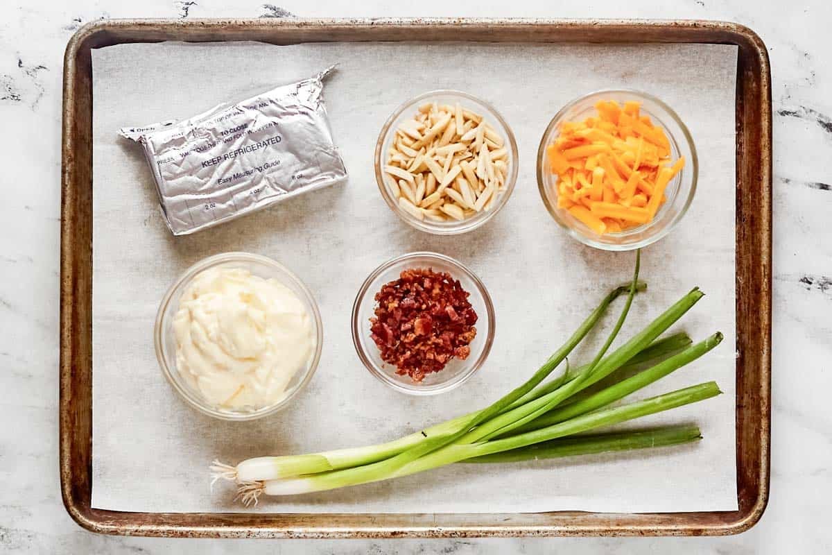 Cream cheese, cheddar, mayonnaise, bacon, almonds, and green onions.