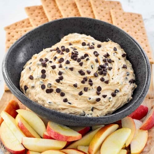 Creamy chocolate chip peanut butter dip served with apple slices and graham crackers.