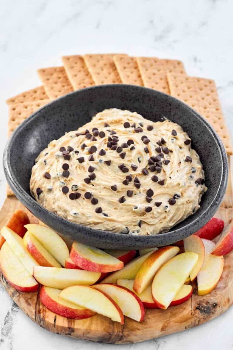 Creamy chocolate chip peanut butter dip served with apple slices and graham crackers.