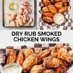 Dry rub smoked chicken wings ingredients and the wings served with dipping sauce.