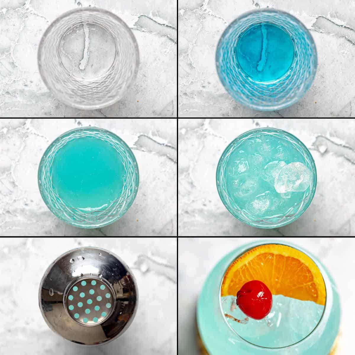 Making a cocktail with blue curacao, rum, peach schnapps, and lemonade.