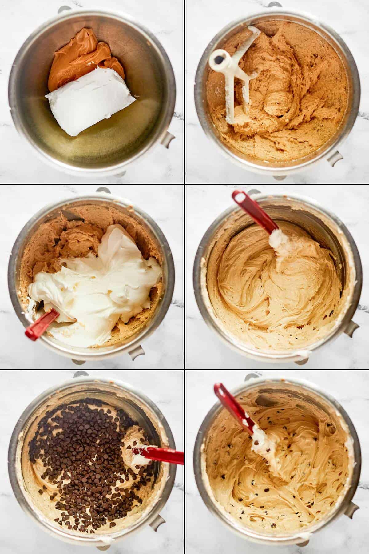 Making a creamy peanut butter dip with chocolate chips.