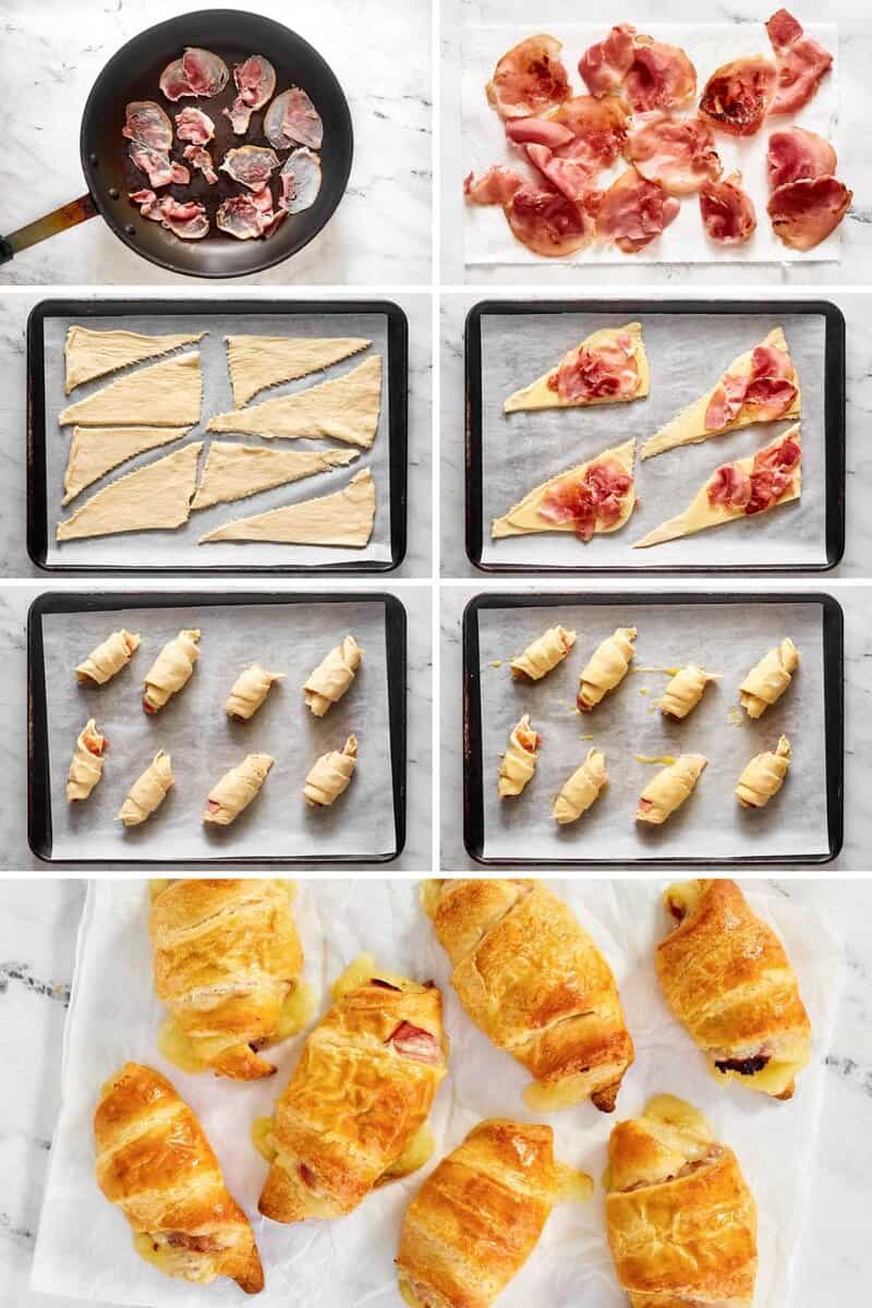 Cooking deli ham, rolling ham and swiss cheese in crescent roll dough, and the baked rolls.