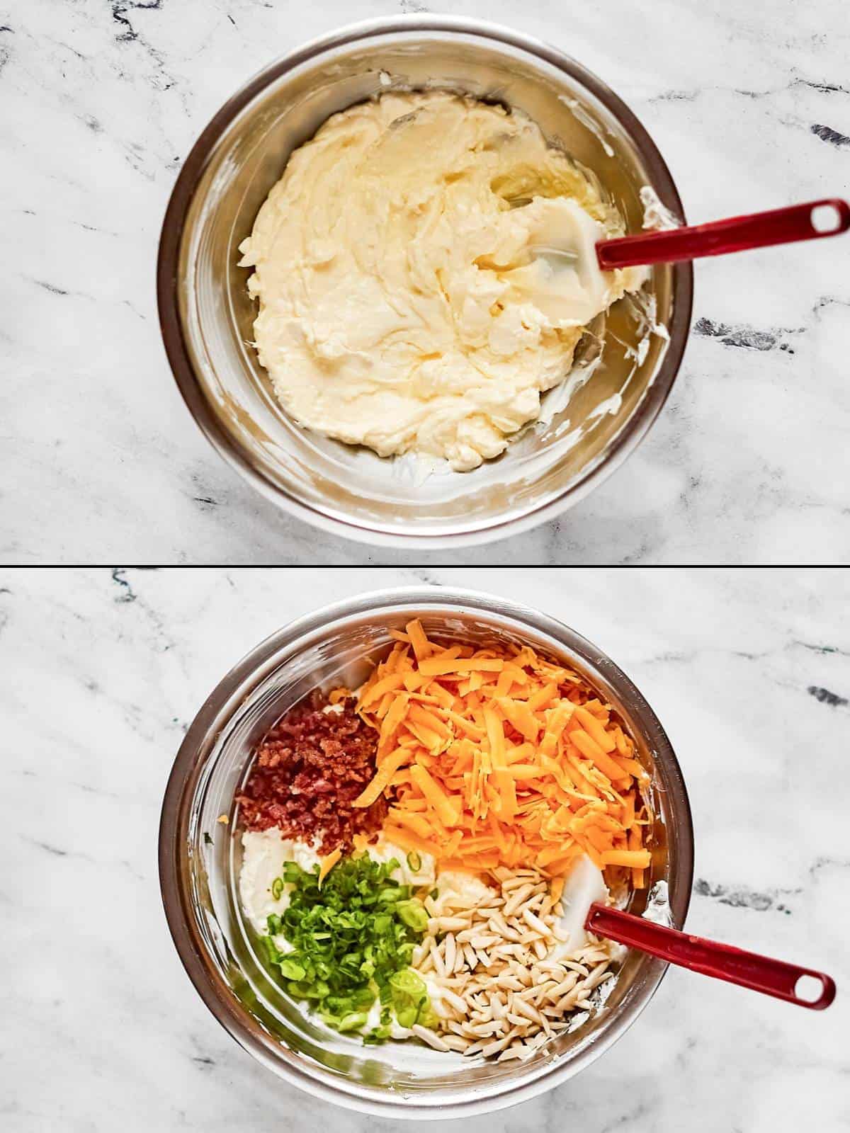 Mixing mayo with cream cheese and adding cheese, bacon, green onions, and almonds to it.