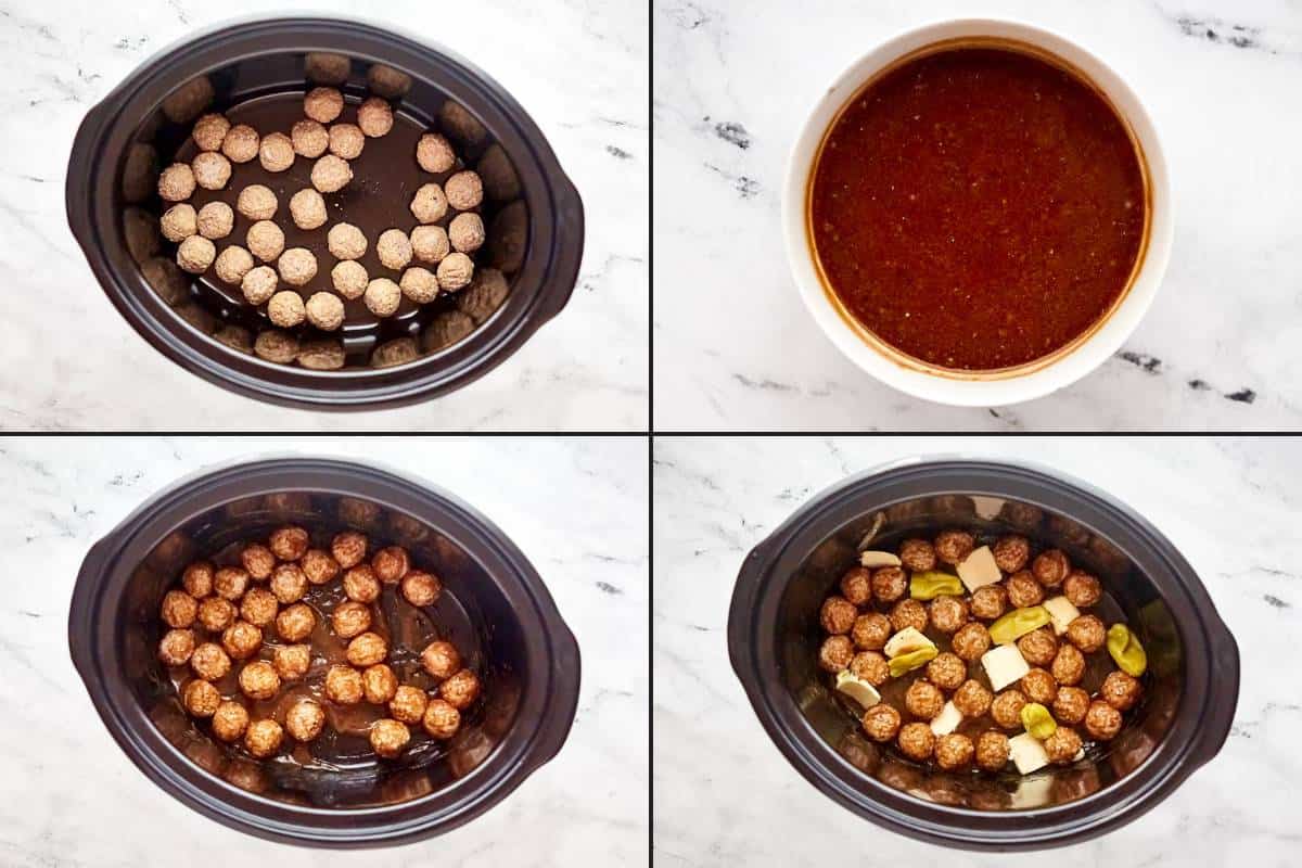 Making meatballs with pepperoncini peppers and gravy in a slow cooker.