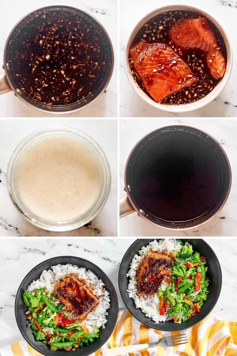 Making teriyaki marinade and sauce, marinating salmon, and serving the grilled teriyaki salmon over rice.
