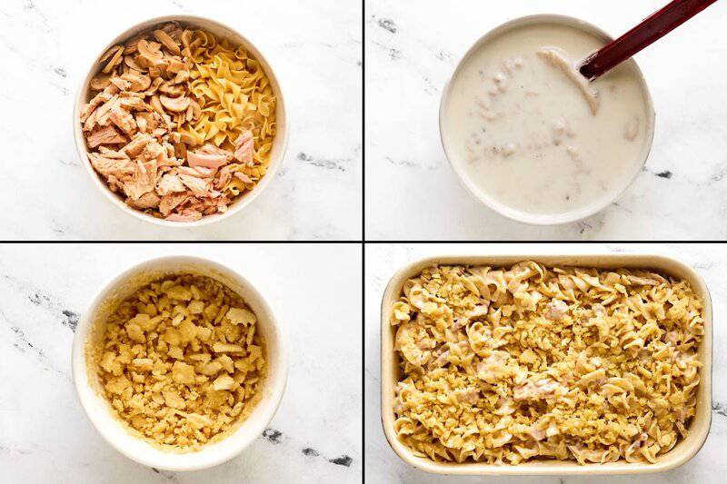 Making a casserole with tuna, mushrooms, mushroom soup, noodles, and buttered cracker topping.