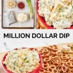 Million dollar dip ingredients and the dip served with mini pretzels.