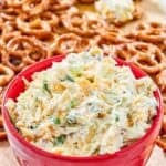 A bowl of million dollar dip and mini pretzels behind it.