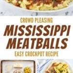 Mississippi meatballs ingredients, cooking in a crockpot, and served over mashed potatoes.