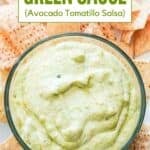 Copycat Ninfa's green sauce in a bowl served with tortilla chips.