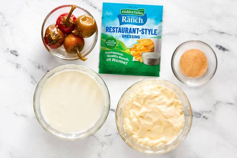 Restaurant-style ranch dressing mix, mayo, buttermilk, granulated garlic, and hot cherry peppers.