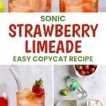 Glasses of copycat Sonic strawberry limeade and the ingredients to make it.