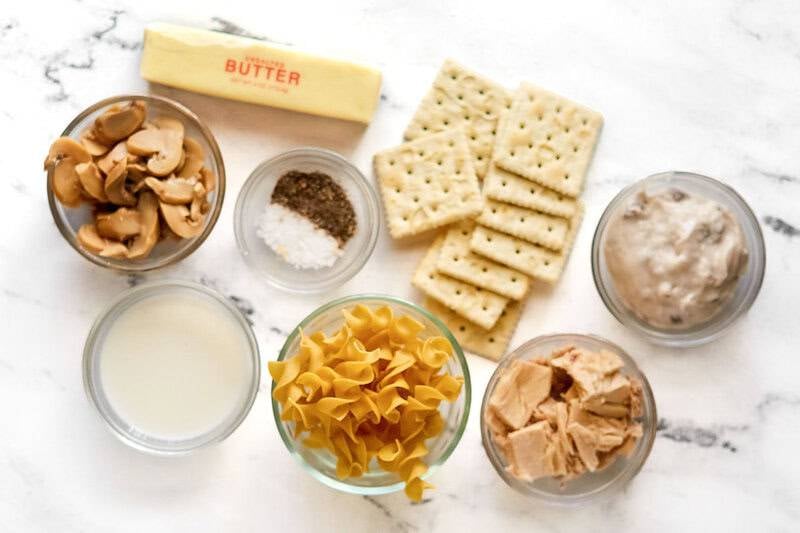 Tuna, mushrooms, mushroom soup, noodles, crackers, butter, milk, and seasonings.