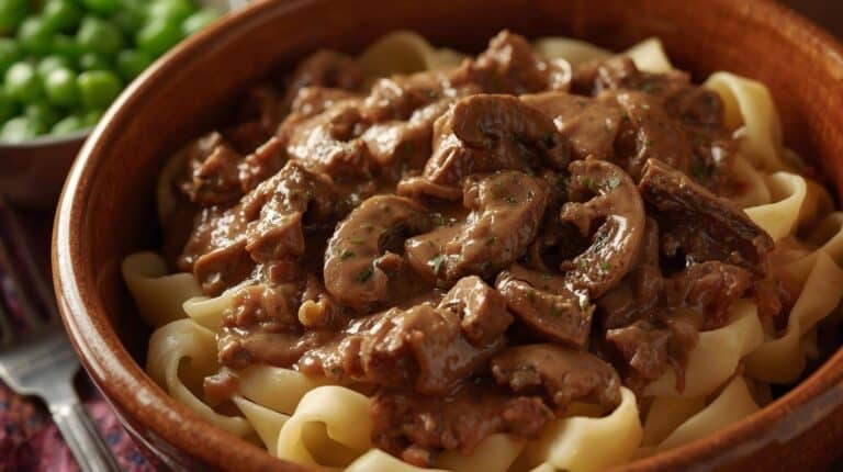 Beef stroganoff with mushrooms over egg noodles in a bowl with buttered peas on the side.