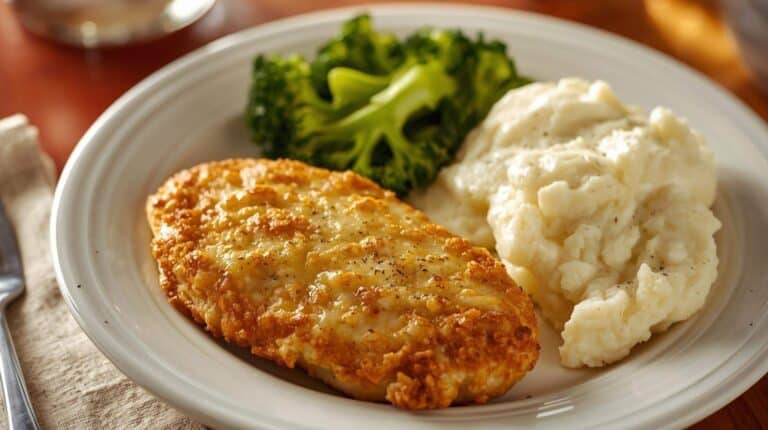 A plate of Longhorn-style parmesan crusted chicken with a crispy cheese topping, served with mashed potatoes and broccoli on a dining table.