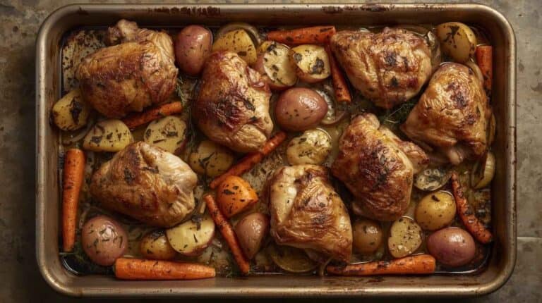 A sheet pan of roasted chicken thighs, potatoes, carrots, and onions, all browned and caramelized, sitting on a kitchen counter.