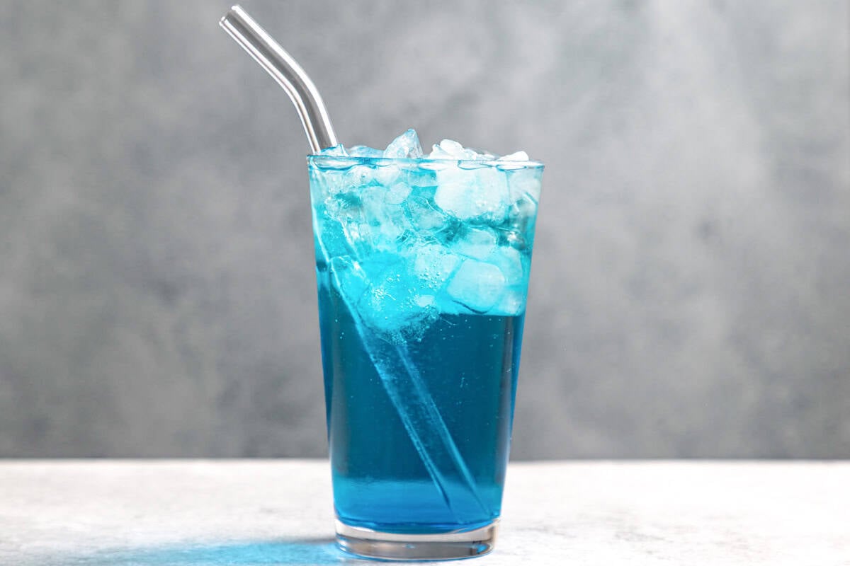 A blue coconut, lemon, and lime drink.