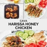 Copycat Cava harissa honey chicken ingredients and the grilled chicken served.
