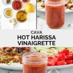 Copycat CAVA hot harissa vinaigrette ingredients and the dressing in a jar.
