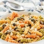 Copycat Chicken Salad Chick pasta salad with olives, artichoke hearts, and feta cheese.