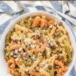 Homemade Chicken Salad Chick pasta salad in a large serving bowl.