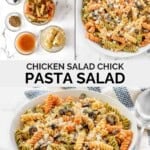 Copycat Chicken Salad Chick pasta salad ingredients and the salad in a large bowl.