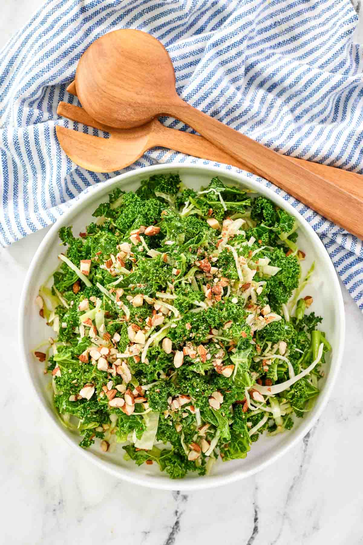 A chopped kale, cabbage, and almond salad.