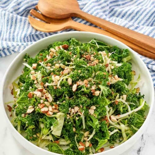 A crunchy salad with kale, cabbage, and almonds.