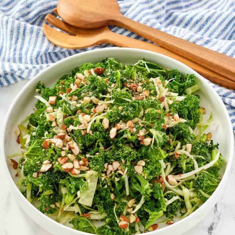 A crunchy salad with kale, cabbage, and almonds.