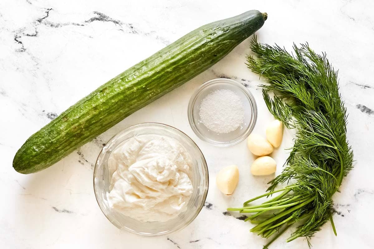 Persian cucumber, fresh dill, Greek yogurt, garlic cloves, and salt.