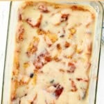 Homemade Duff's bread pudding in a baking dish.