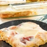 A slice of copycat Duff's bread pudding on a plate.