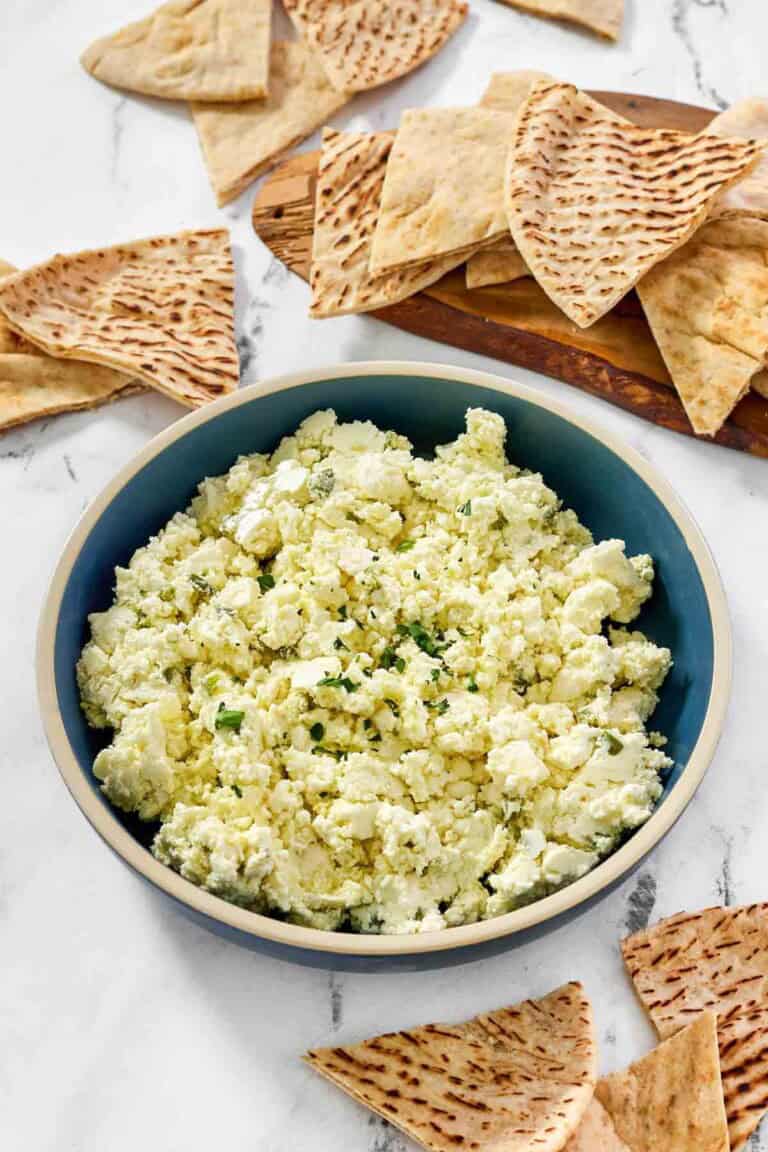 Feta cheese, onion, and jalapeno dip served with pita bread.