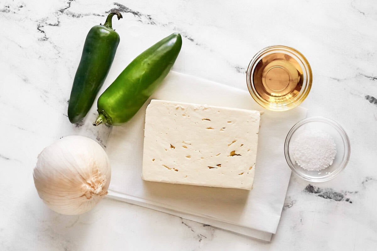 Feta cheese, jalapeno peppers, onion, olive oil, and salt.