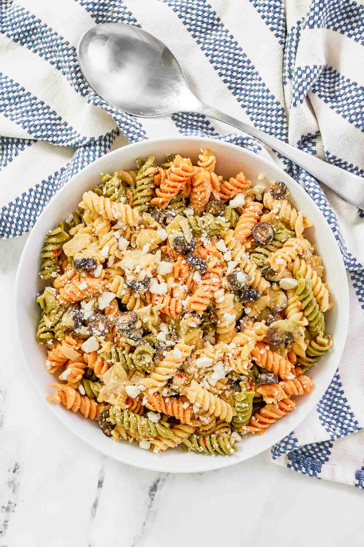 Feta and olive pasta salad with Italian dressing.