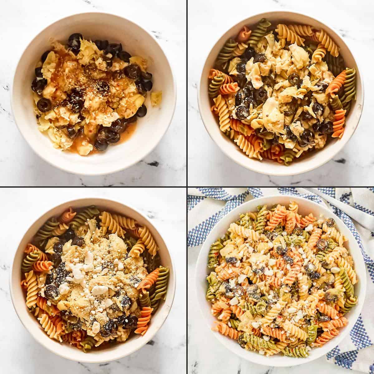 Making pasta salad with artichoke hearts, black olives, feta cheese, and Italian dressing.