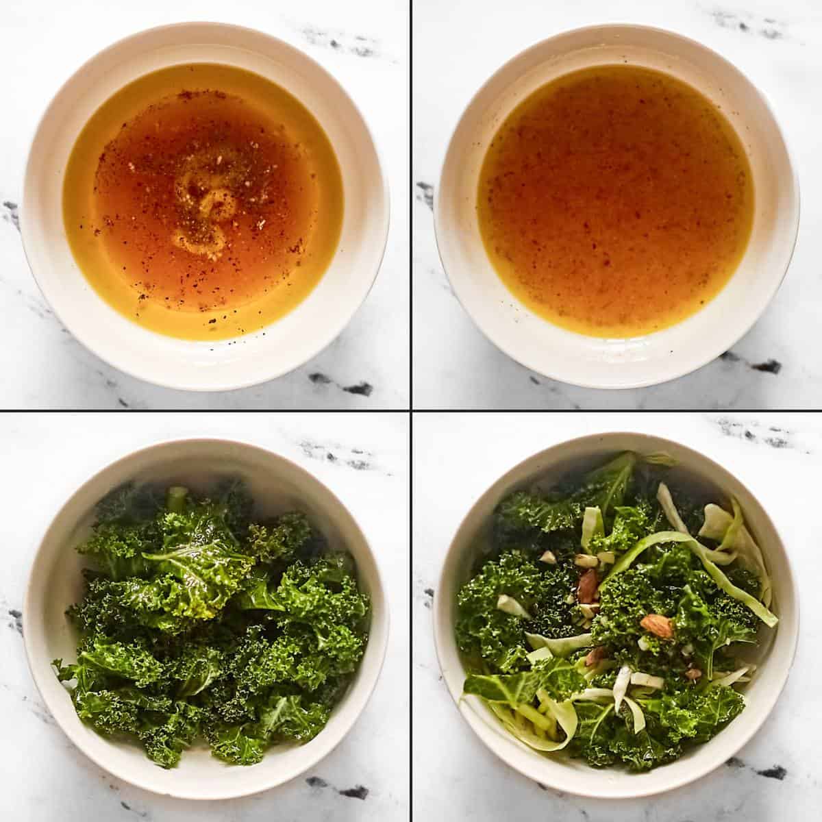 Making a vinaigrette dressing and salad with kale, cabbage, and almonds.