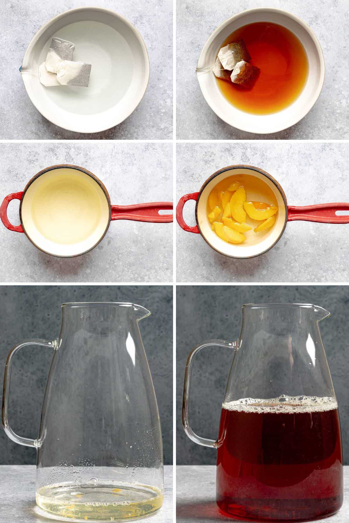Making peach syrup with fresh peaches and iced tea with it.