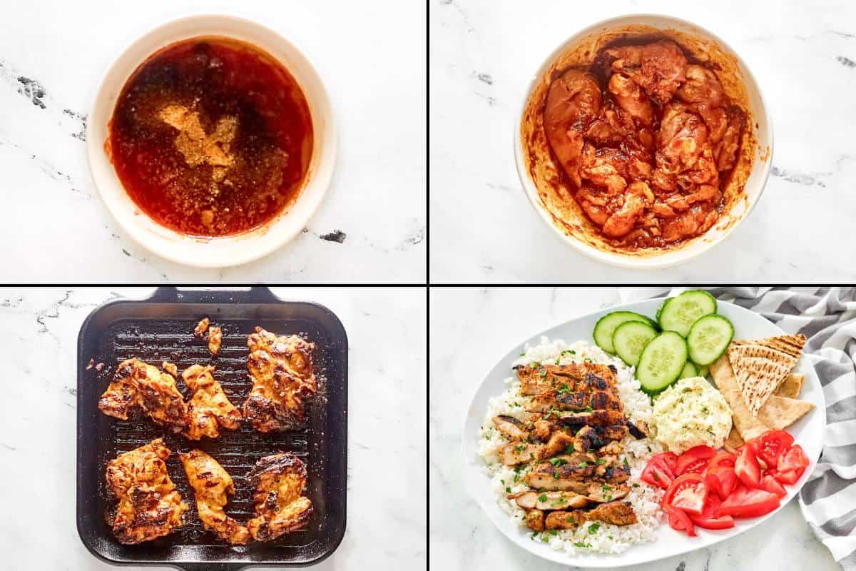 Marinating chicken thighs in honey harissa sauce, grilling, and serving them.