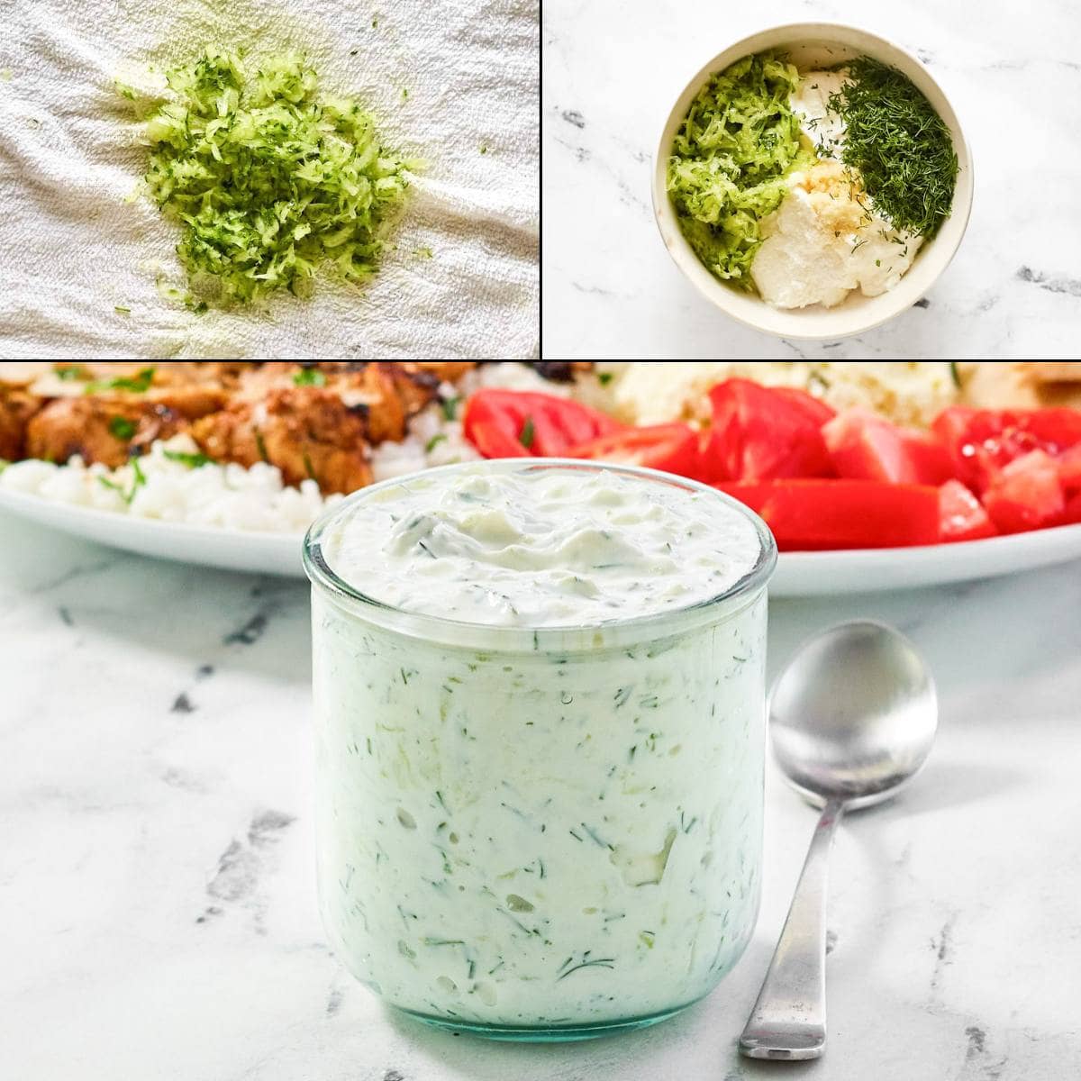 Squeezing shredded cucumber, combining it with yogurt, dill, garlic, and salt, and serving the sauce.