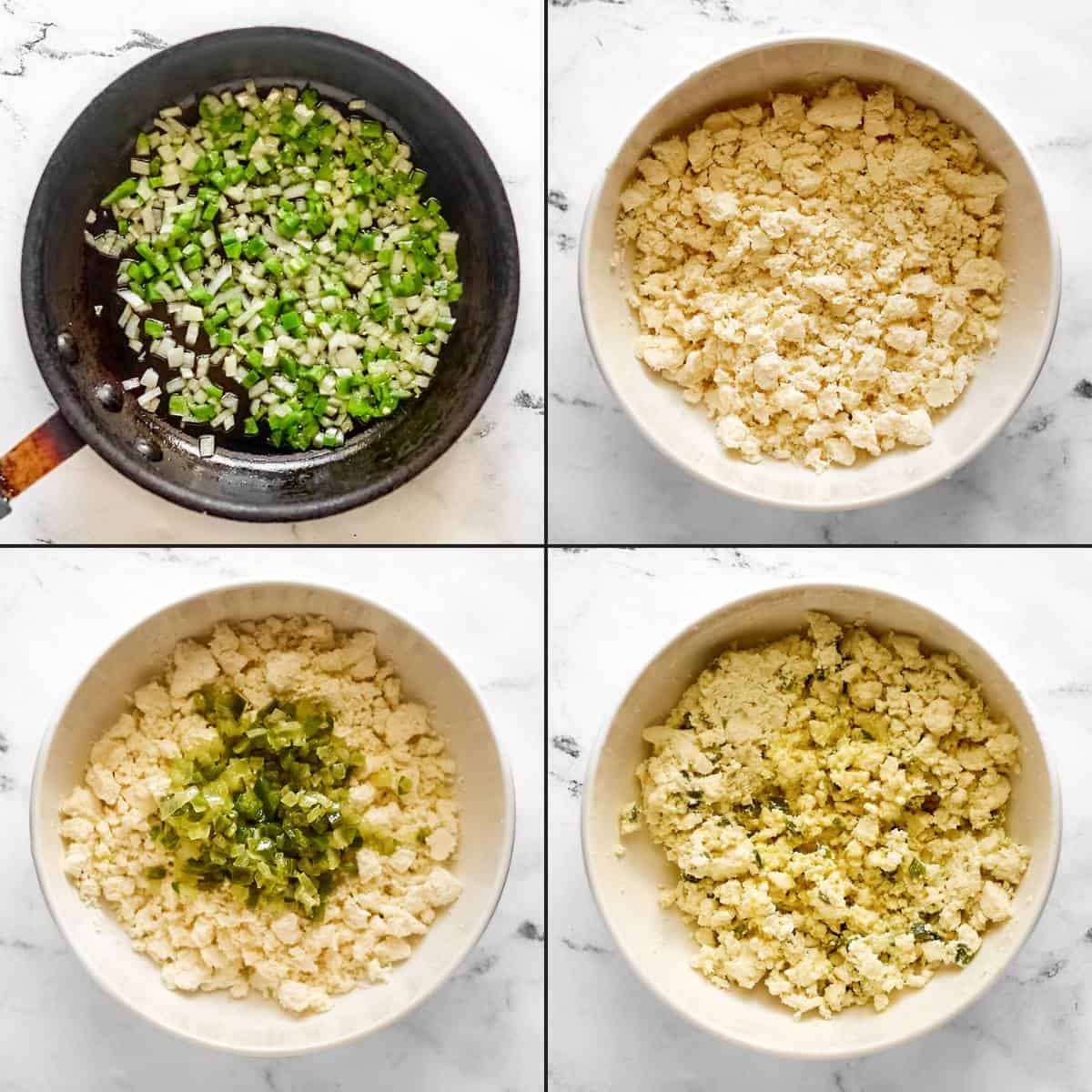 Cooking jalapenos and onions and mixing them with crumbled feta cheese.