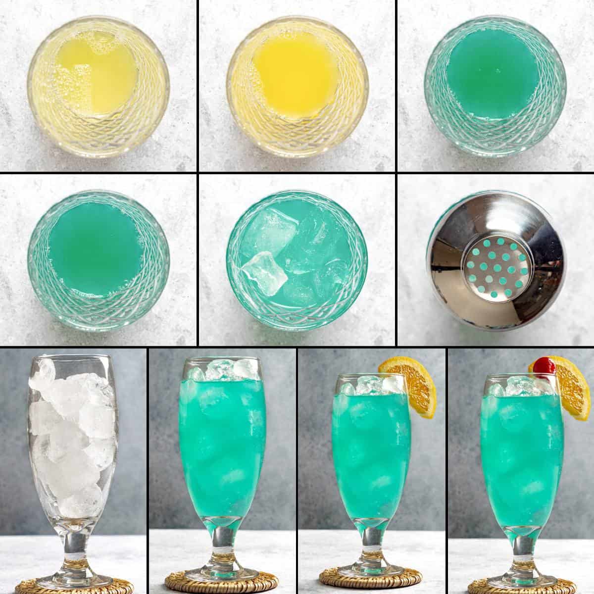 Making a tropical blue curacao cocktail.