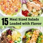 Hearty meal-sized salads with chicken, beef, and seafood.