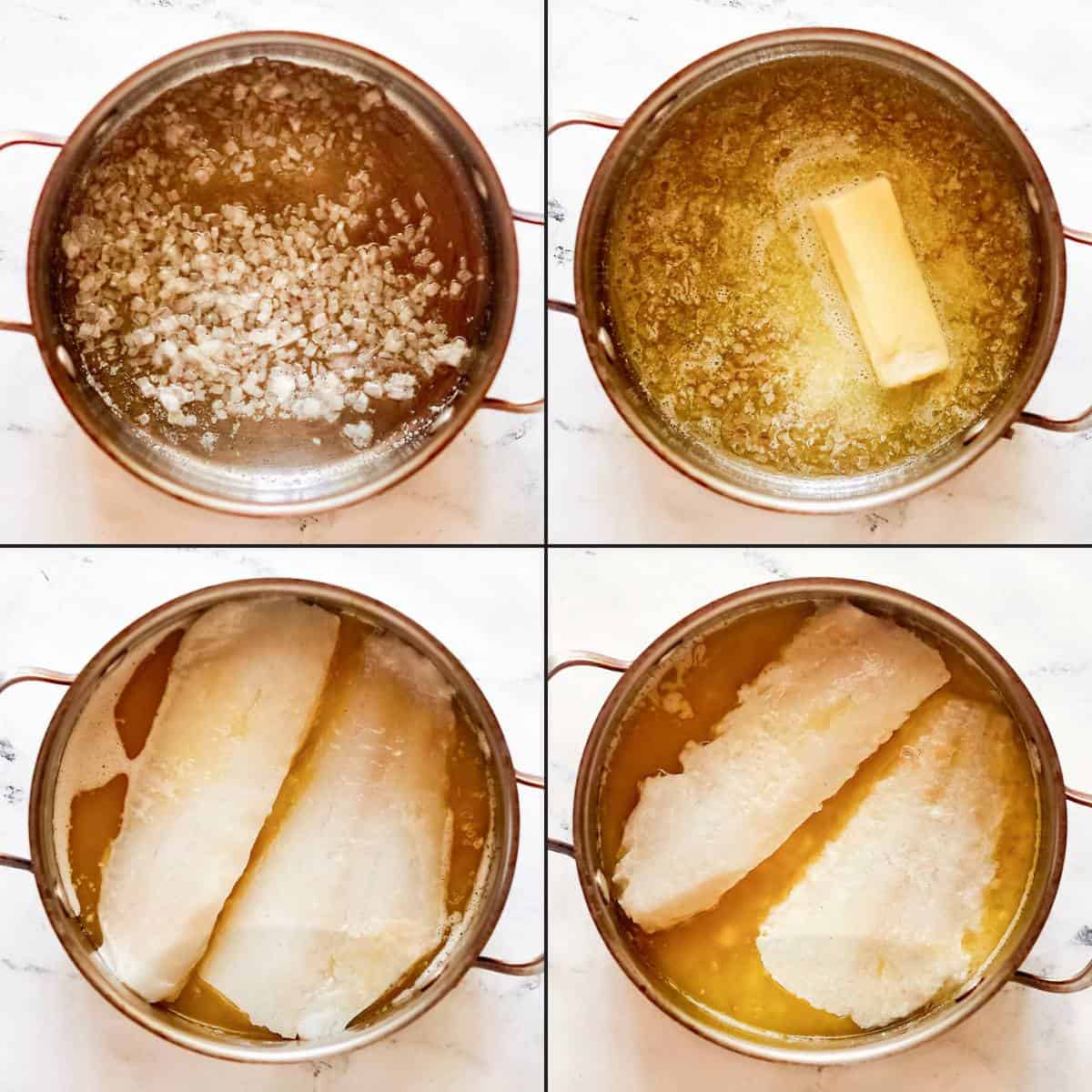Poaching white fish in butter with lemon, shallot, and herbs.