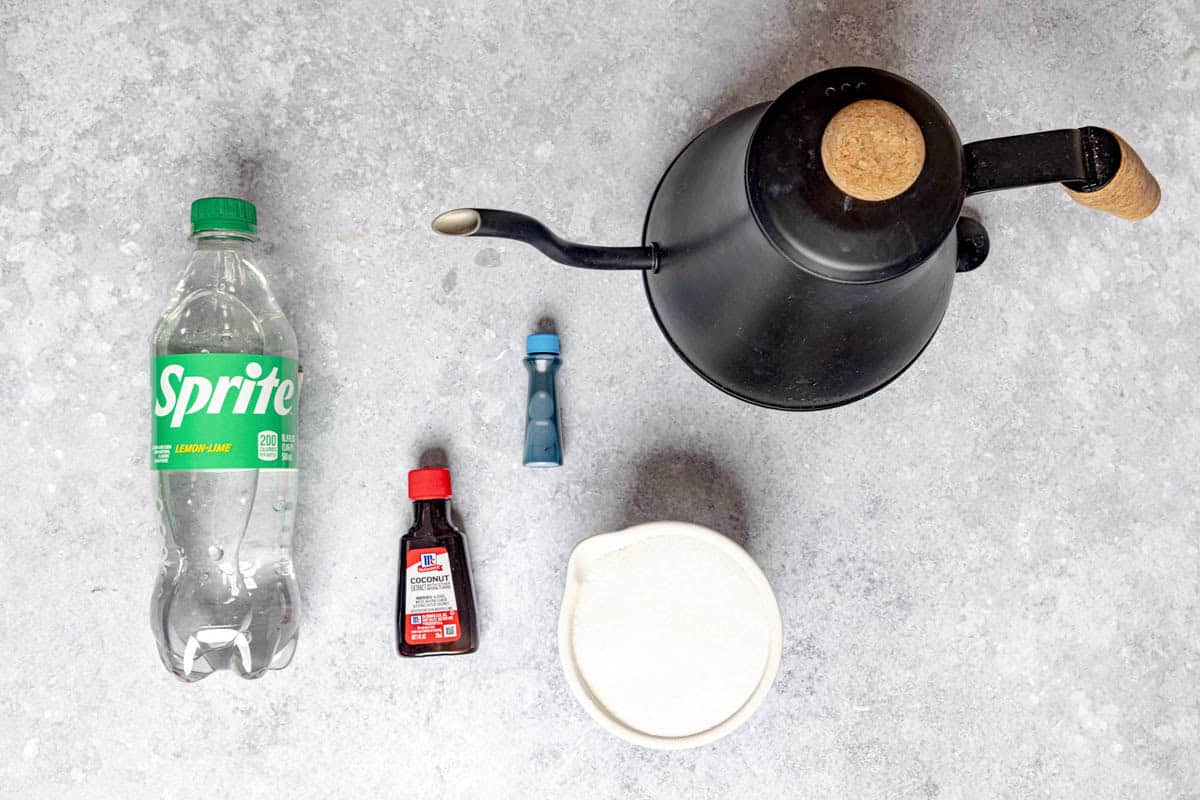 Sprite, water, sugar, coconut extract, and blue food coloring.