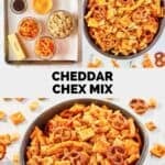 Homemade cheddar Chex mix ingredients and the snack mix in a bowl.