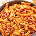 A bowl of homemade cheddar Chex mix.